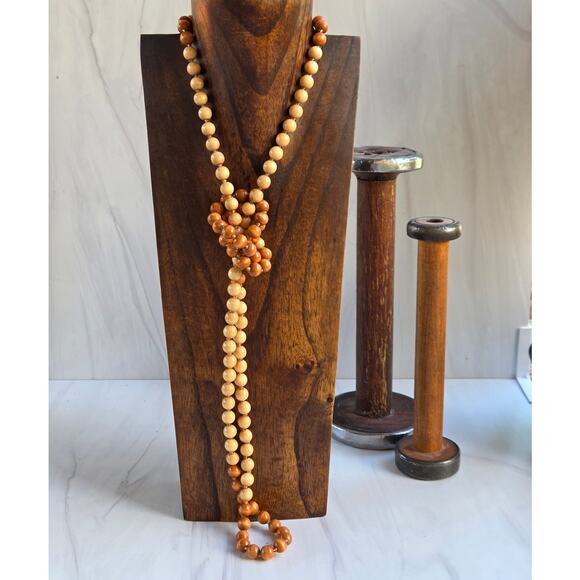 Vintage 70s Long Wooden Beaded Necklace Boho Layered Festival - Picture 1 of 9